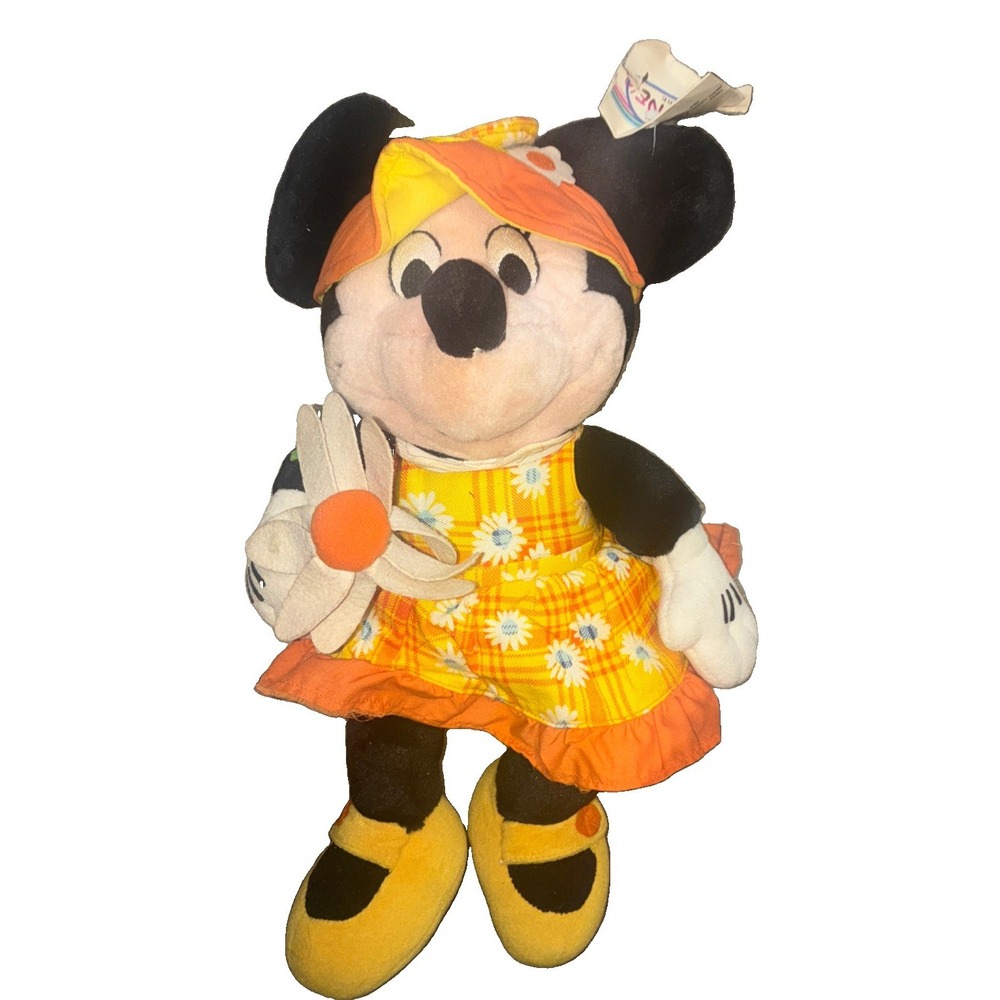 Vintage Disney Store Sunkissed Minnie Mouse Plush Toy Daisies Orange Dress NWT
